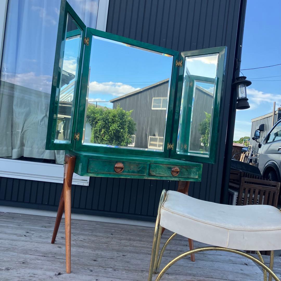 フランス家具 三面鏡 木製ドレッサー スツールセット 鏡台 引き出し収納 古家具