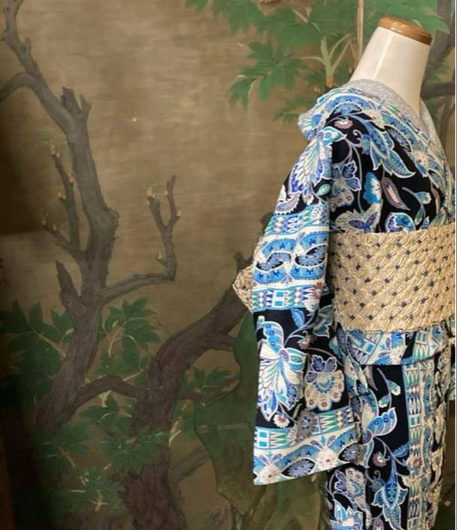 ターコイズ浴衣　更紗柄　エキゾチック変わり織り　単衣　浴衣　帯プレゼント付き
