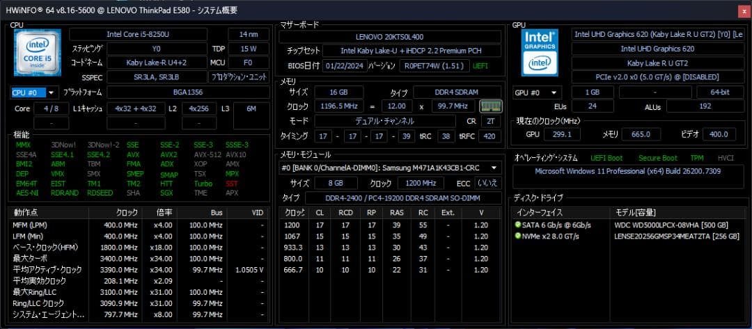 Windowsノート本体 ThinkPad E580 (i5/16GB/256GB+500GB/FHD)