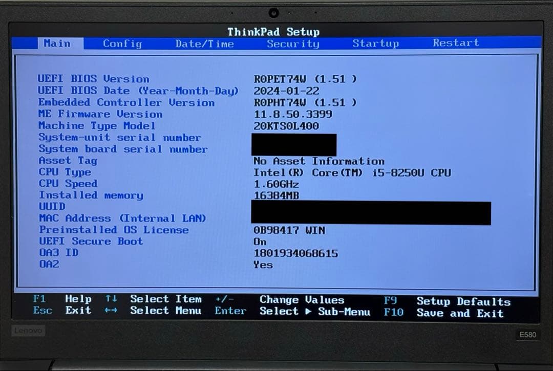 Windowsノート本体 ThinkPad E580 (i5/16GB/256GB+500GB/FHD)