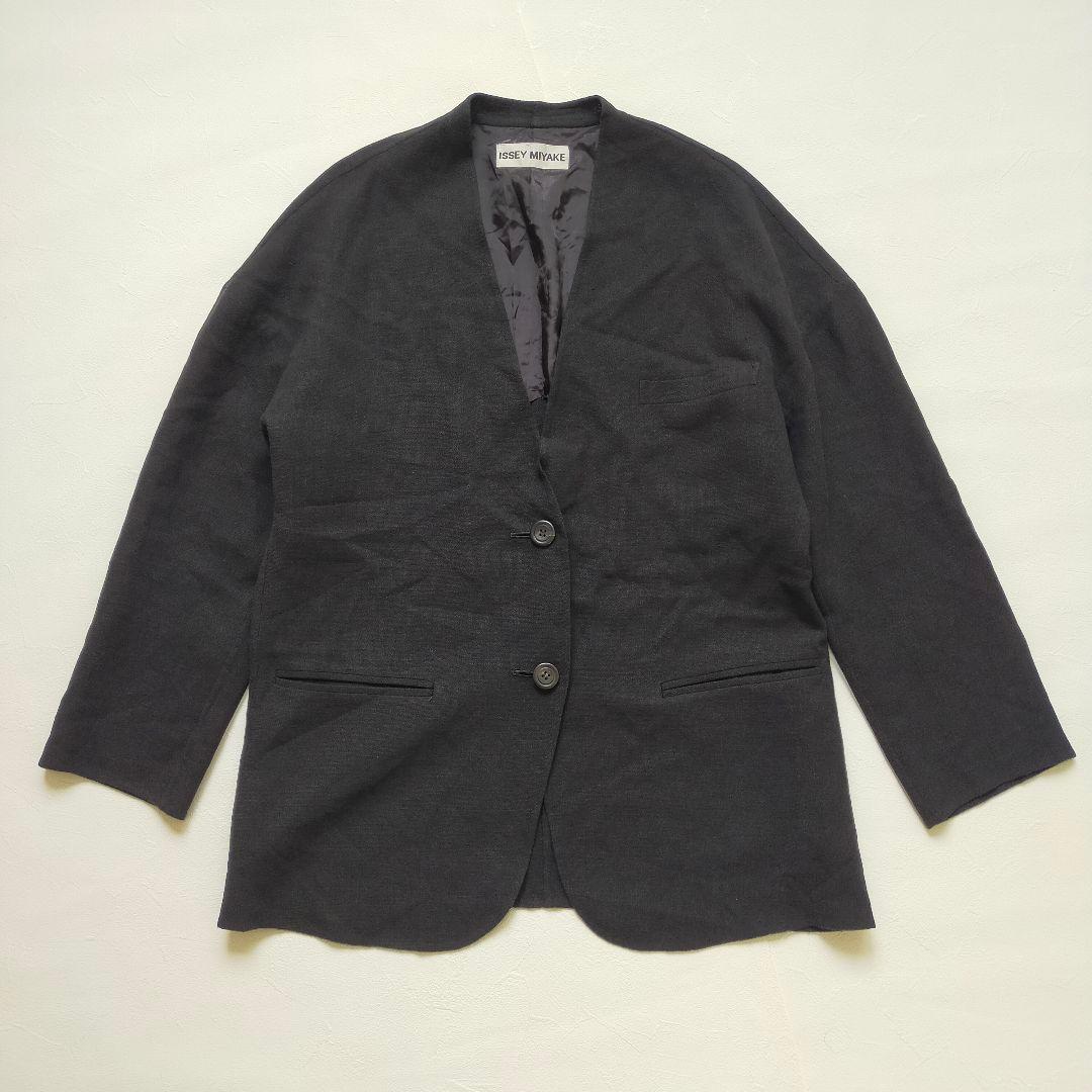 イッセイミヤケ　ノーカラージャケット　ブラック　ウール　リネン　日本製
