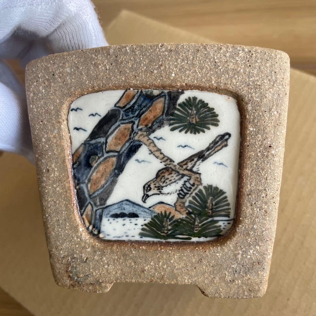 盆栽鉢　桑津香石　絵鉢　落款印　山水画　梅　桜　鳥　松　四角　山野草