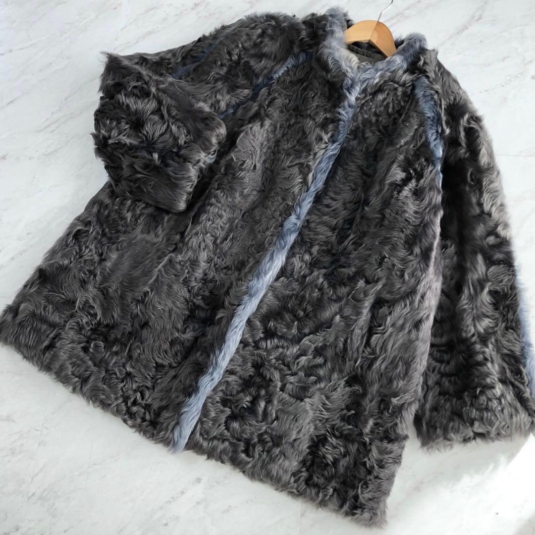 CHEVAREINE カルガンラム 羊毛皮 リアルファーコート グレー×ブルー系