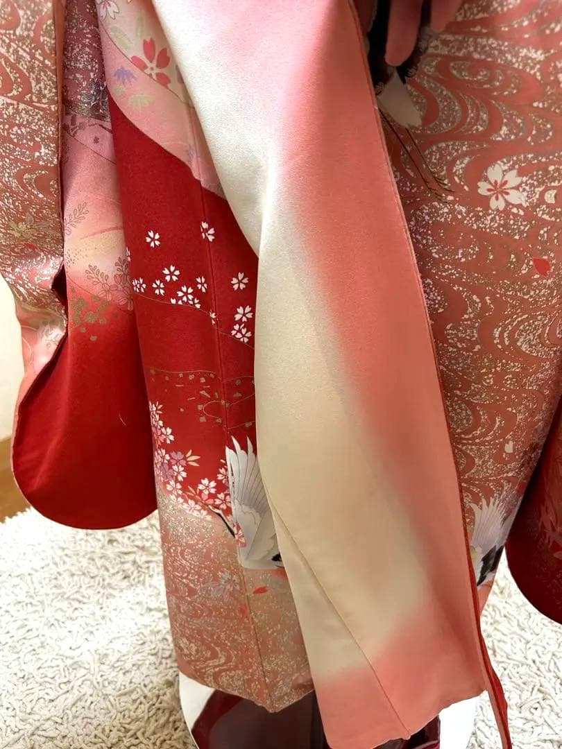 縁起の良い吉祥紋様、振袖フルセット 上品　ローズピンク　鶴　桜観世水　金コマ刺繍