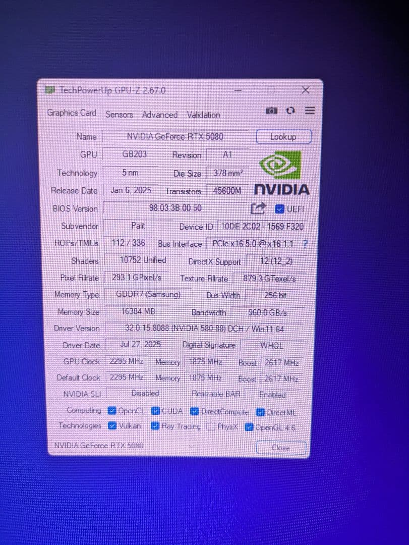 NVIDIA GeForce RTX 5080 、動作品