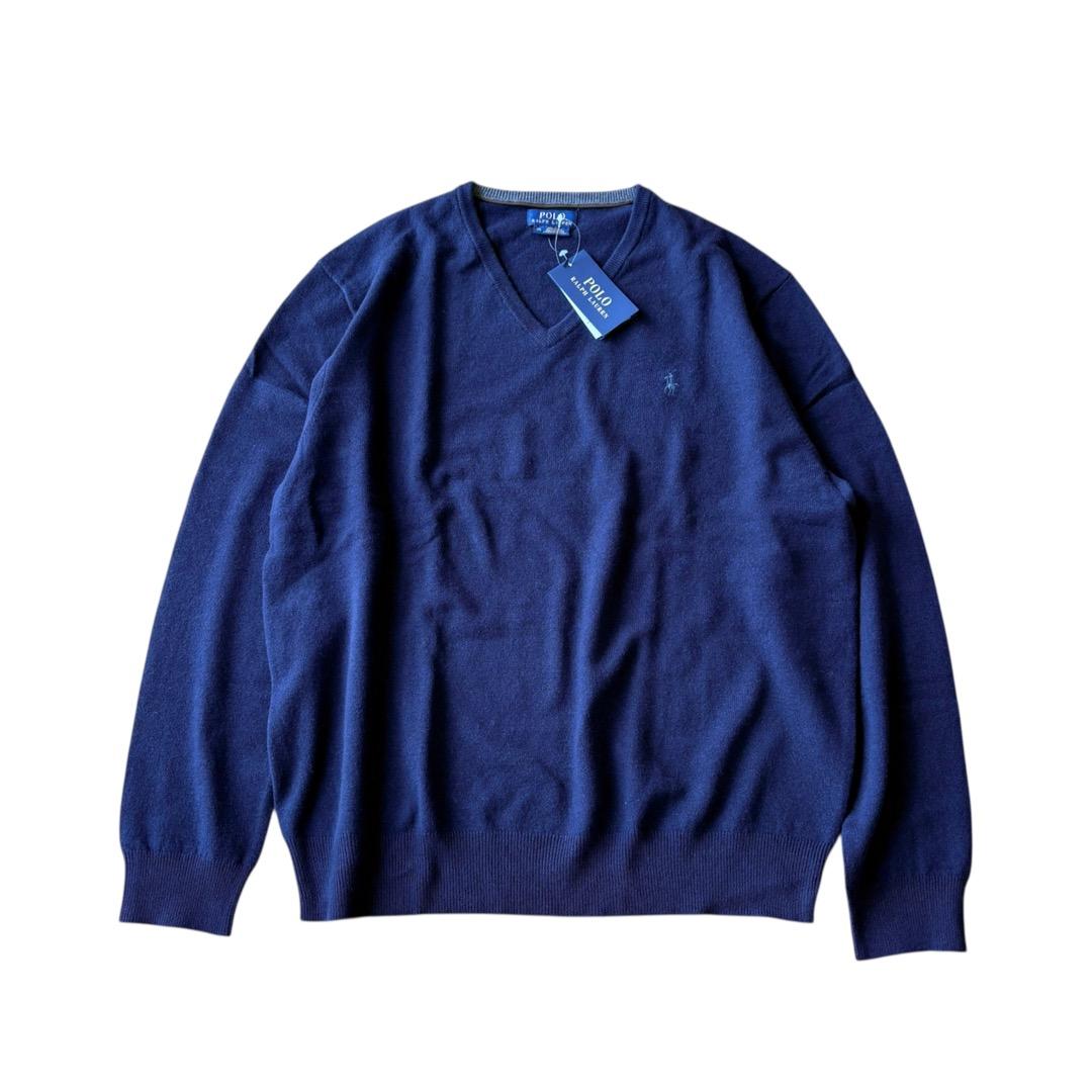 未使用　ポロ ラルフローレン　ウール100%　ロゴ刺繍　ニット　XXL　ネイビー