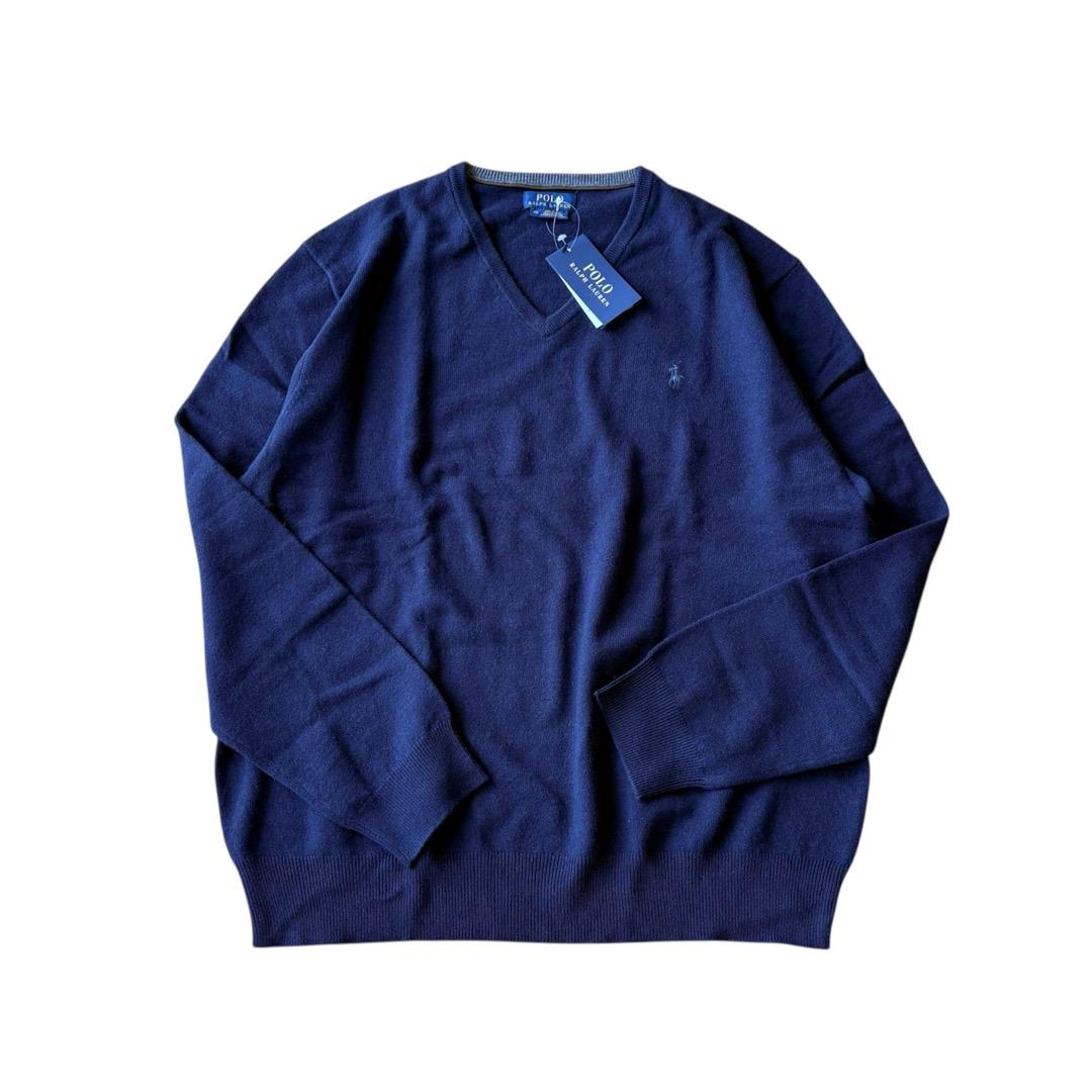 未使用　ポロ ラルフローレン　ウール100%　ロゴ刺繍　ニット　XXL　ネイビー