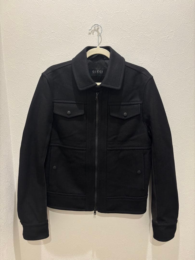 グッチ GUCCI メルトンウール袖レザー 切替ミリタリージャケット