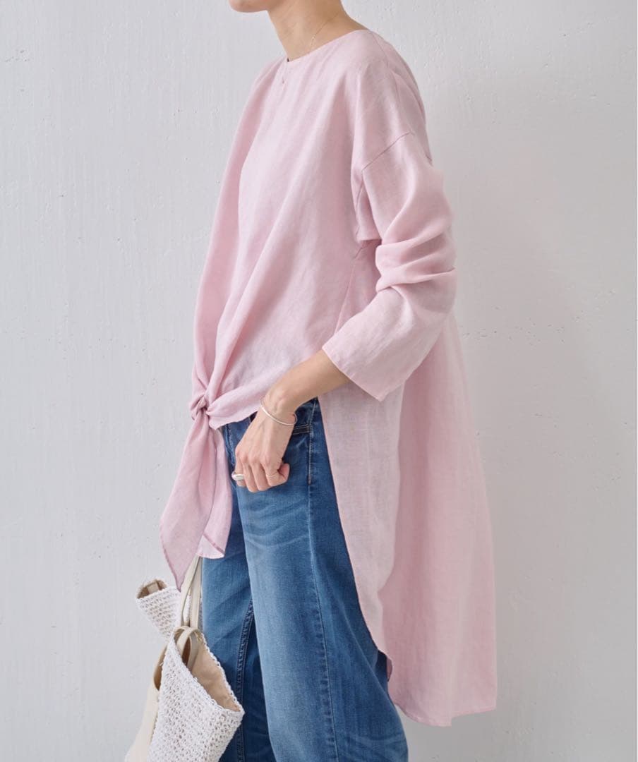 定価2.53万 ビアズリー 前結びリネンチュニックブラウス ピンク 春ブラウス