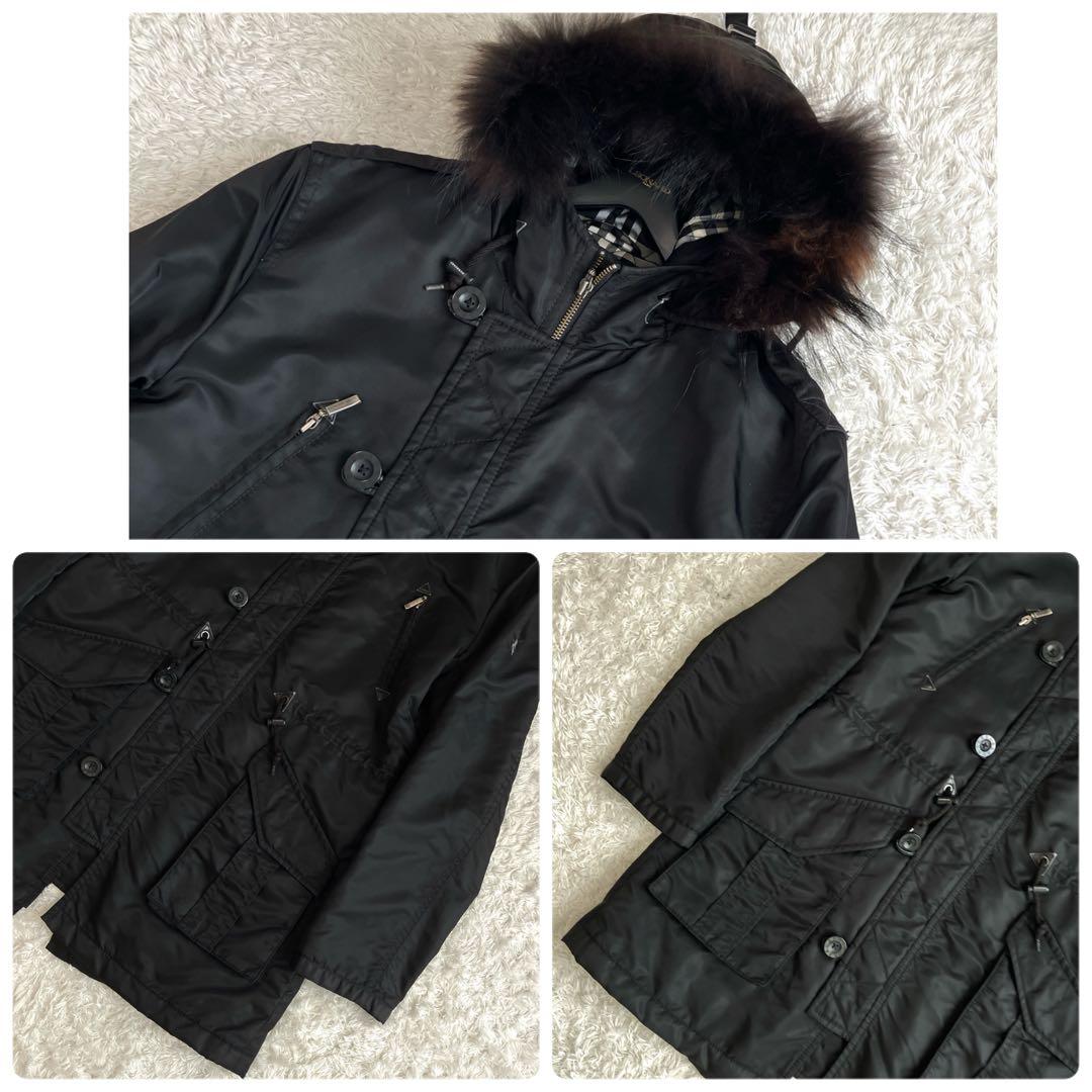 2way✨バーバリー モッズコート ロング ファー ノバチェック 中わた 黒 L