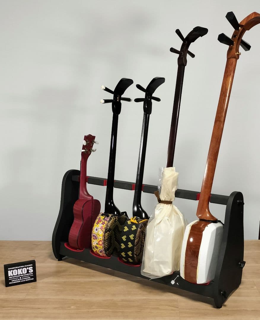 ♪手作り　三味線用スタンド木製 5丁並び　細棹　津軽　三線　教室にも♪