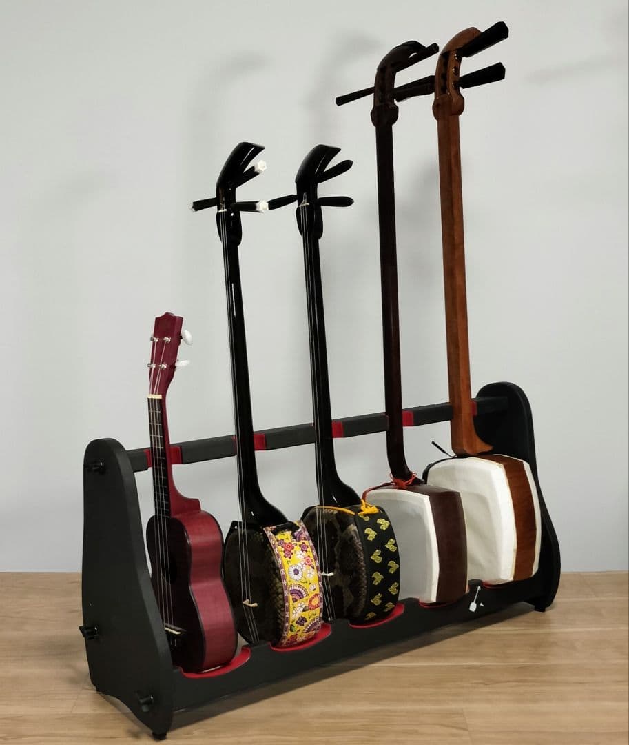 ♪手作り　三味線用スタンド木製 5丁並び　細棹　津軽　三線　教室にも♪