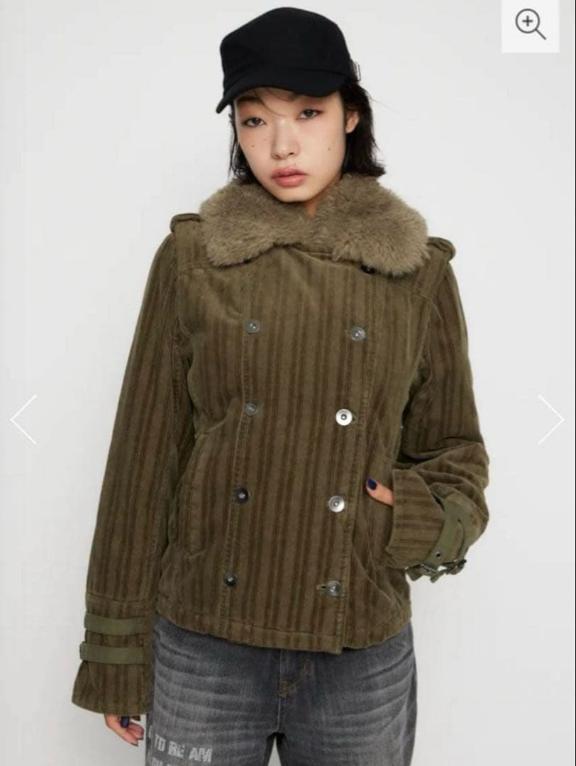 オリーブグリーン ファー付きコーデュロイジャケット