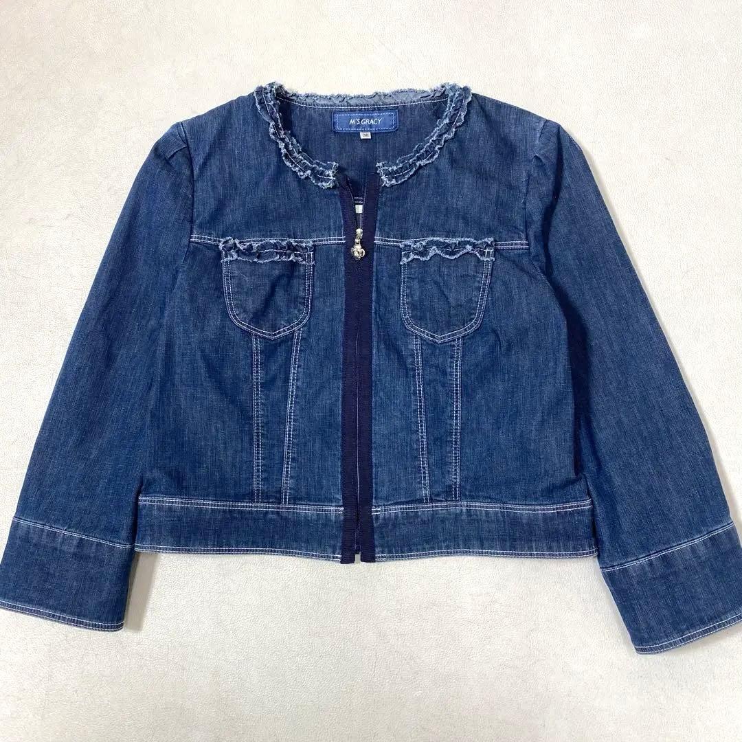 M'SGRACY コンパクトデニムジャケット フリル ストレッチ 麻混