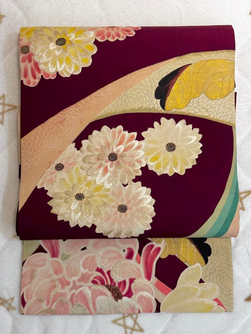 15時までの値段【美品】アンティーク帯 刺繍 塩瀬 菊 乱菊 名古屋帯 正絹