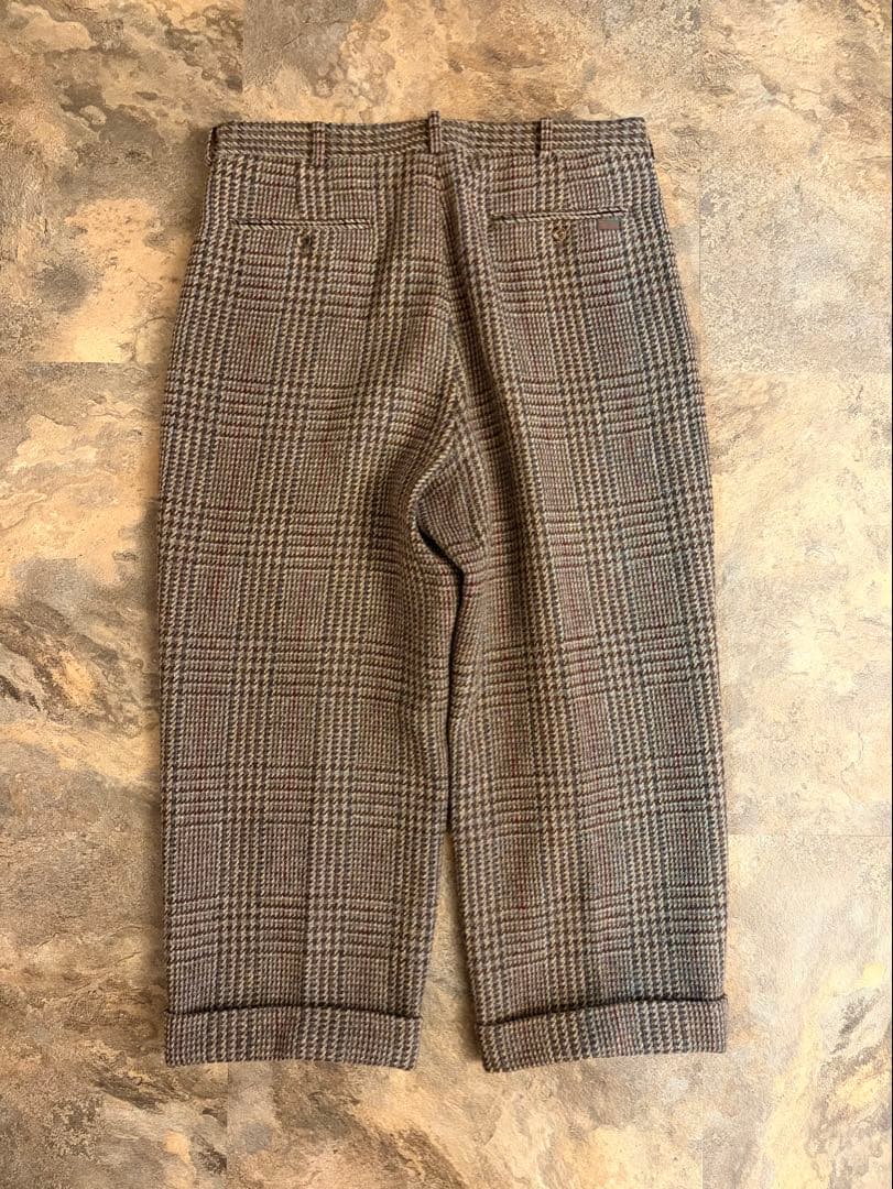 90s PAPAS パパス 2タック ウールパンツ ブラウンチェック W34