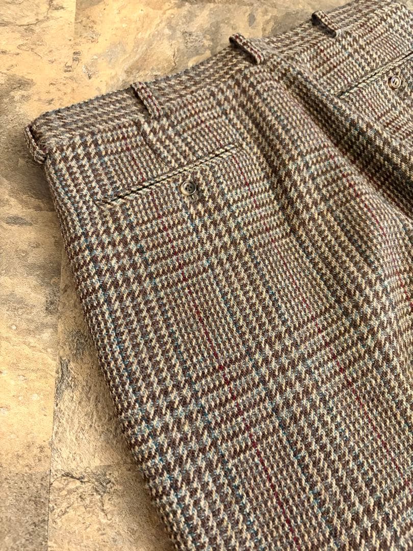 90s PAPAS パパス 2タック ウールパンツ ブラウンチェック W34