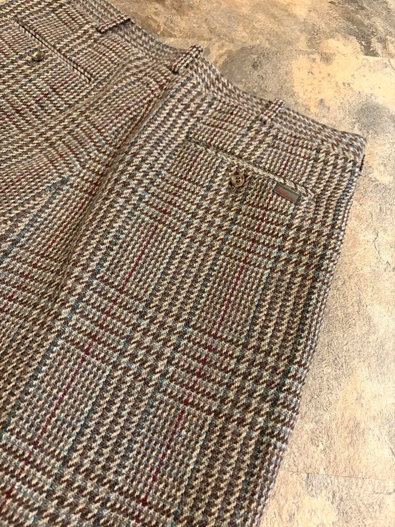 90s PAPAS パパス 2タック ウールパンツ ブラウンチェック W34