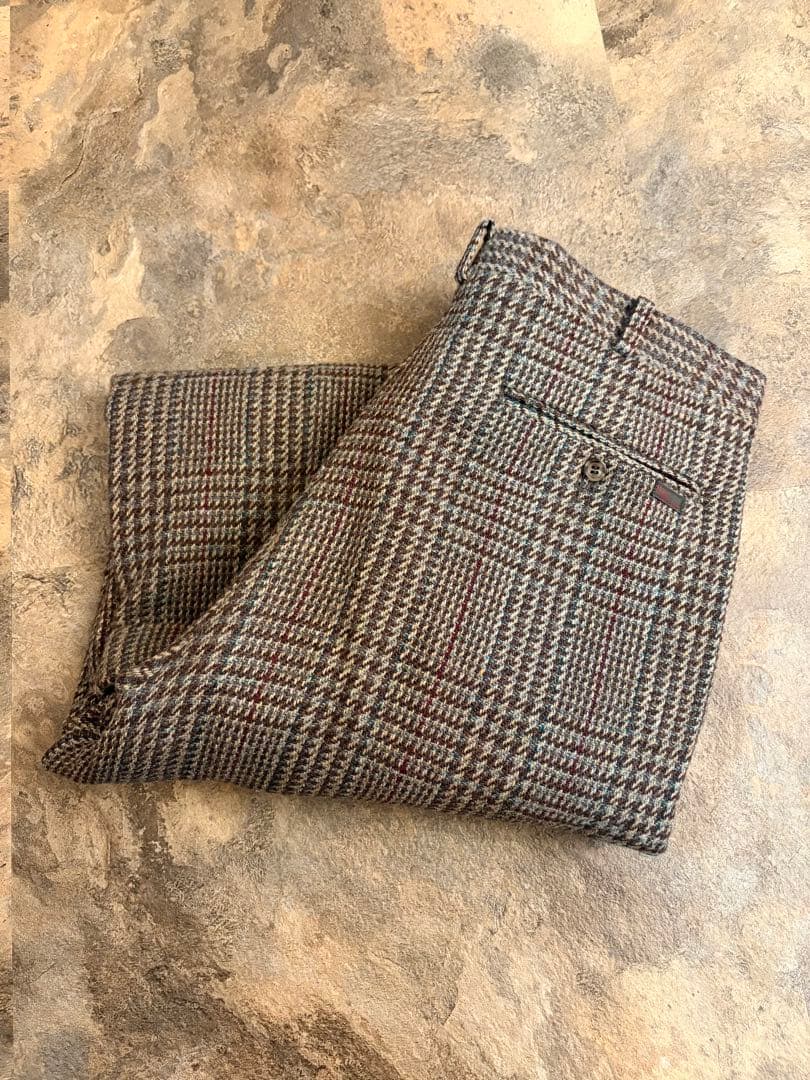 90s PAPAS パパス 2タック ウールパンツ ブラウンチェック W34