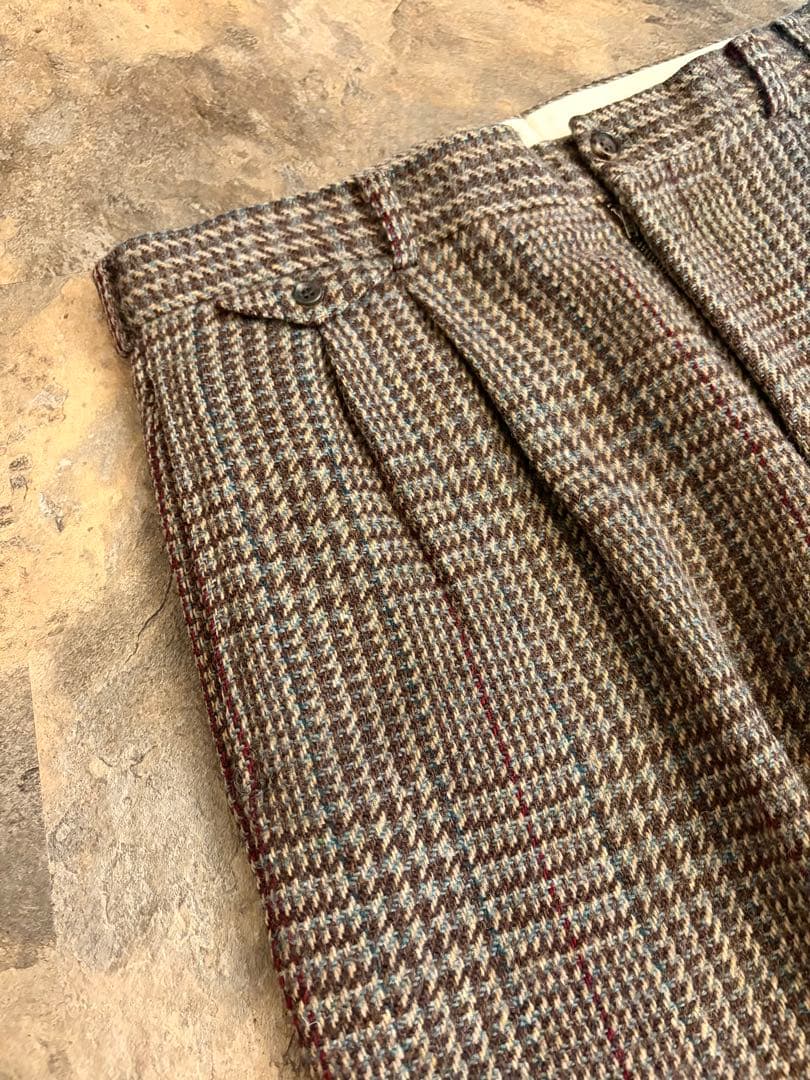 90s PAPAS パパス 2タック ウールパンツ ブラウンチェック W34