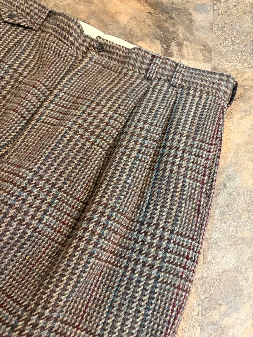 90s PAPAS パパス 2タック ウールパンツ ブラウンチェック W34