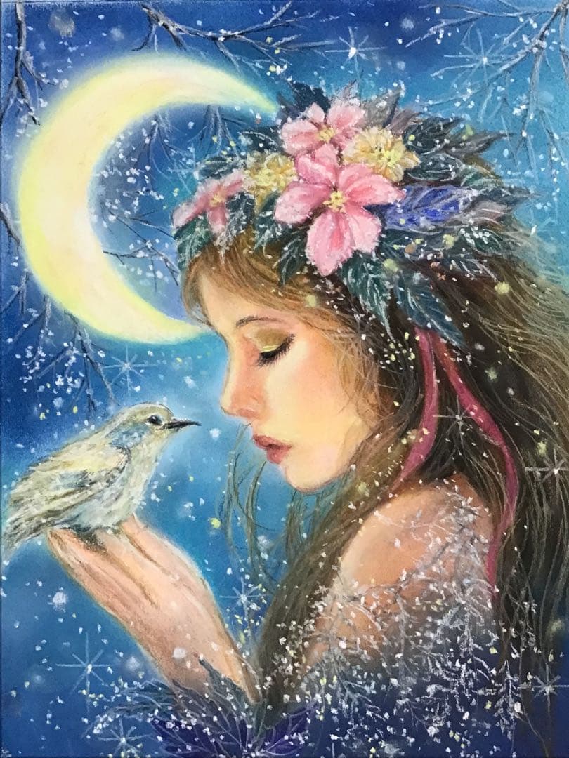 月の竪琴　ハンドメイドパステル画　絵画アート原画