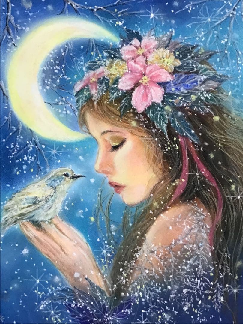 月の竪琴　ハンドメイドパステル画　絵画アート原画