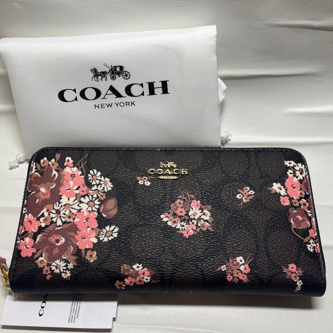 【新品未使用】COACH 長財布 ブラウンマルチシグネチャー フローラルプリント