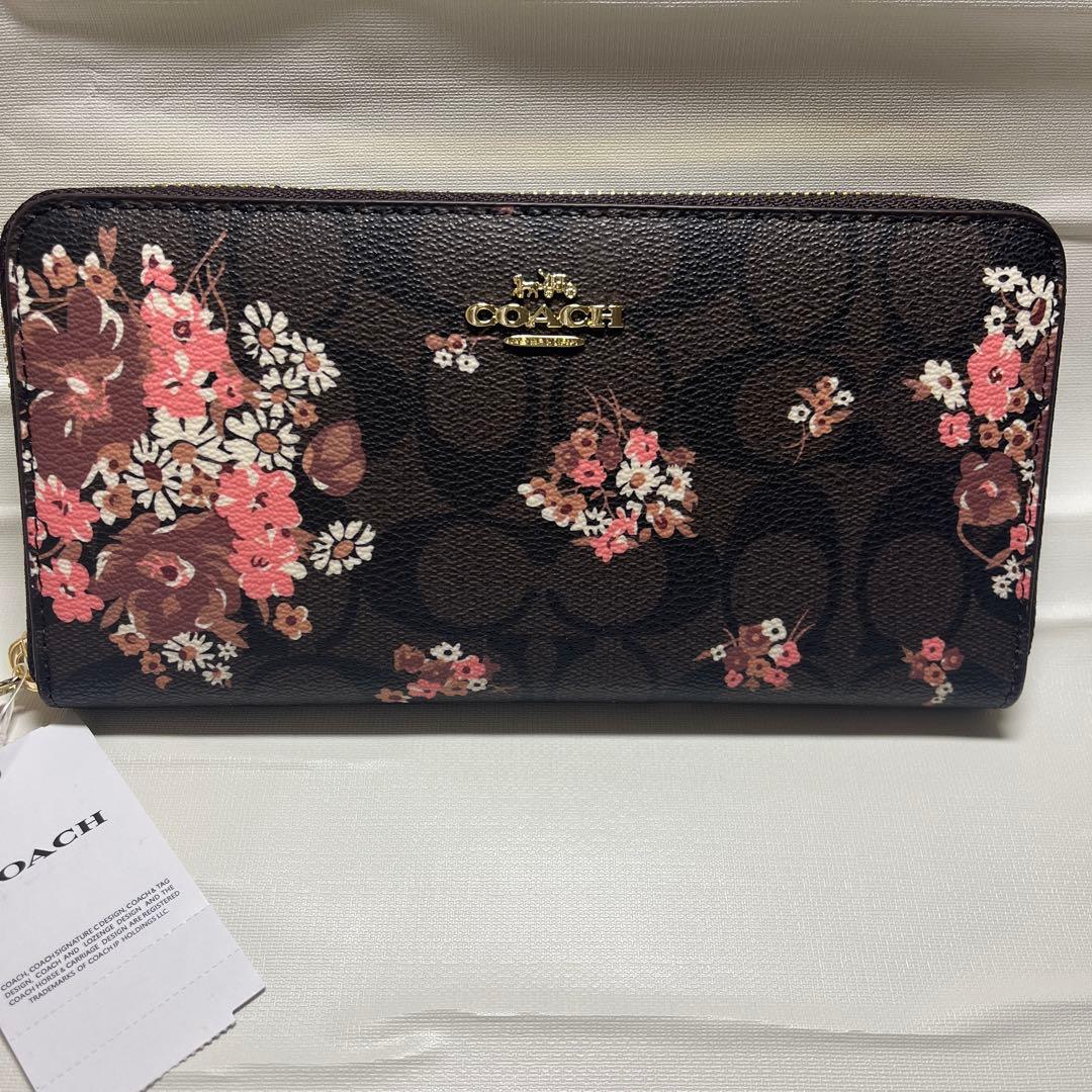 【新品未使用】COACH 長財布 ブラウンマルチシグネチャー フローラルプリント