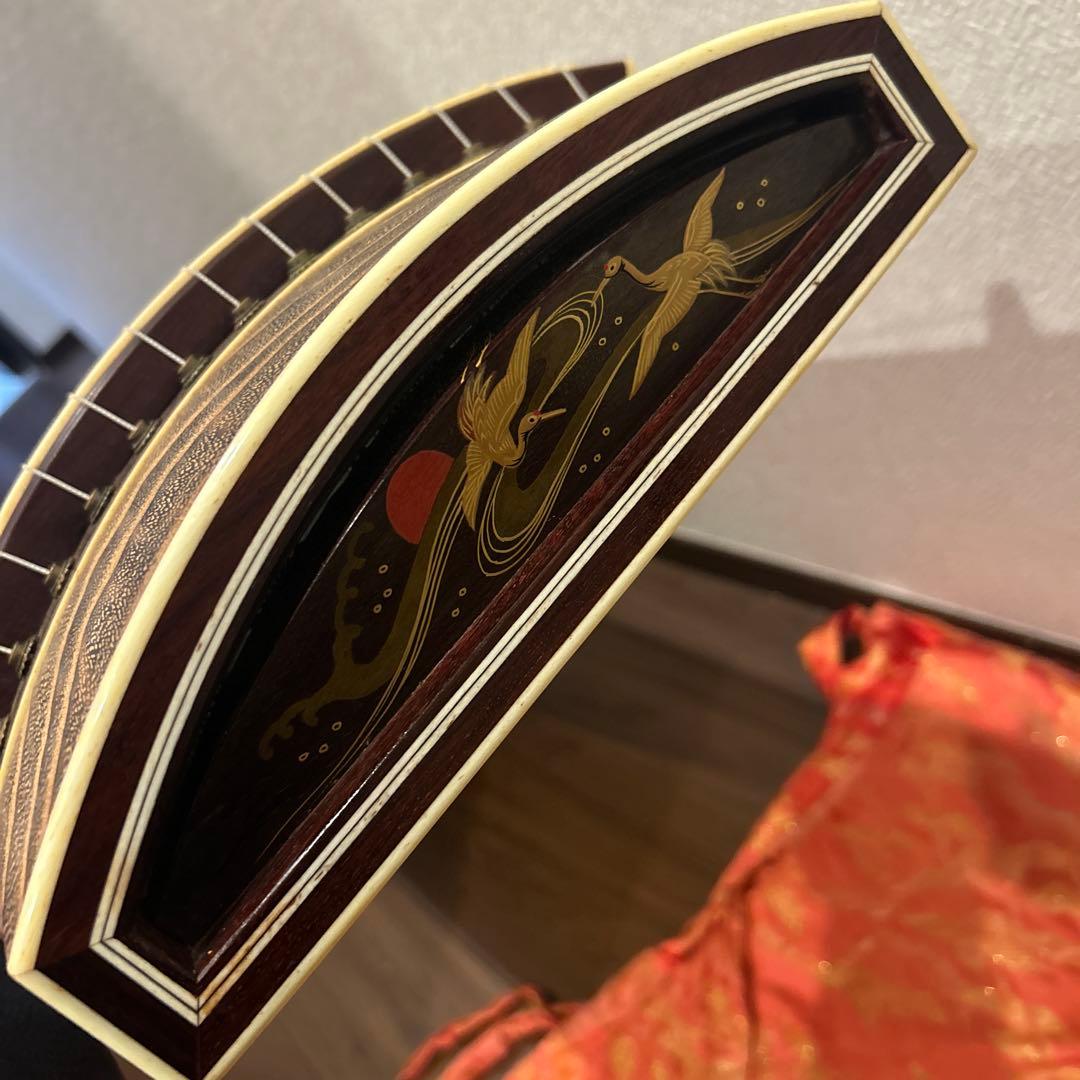 琴 箏 13弦 並甲 上角巻 蒔絵 すだれ彫　鶴　日の丸
