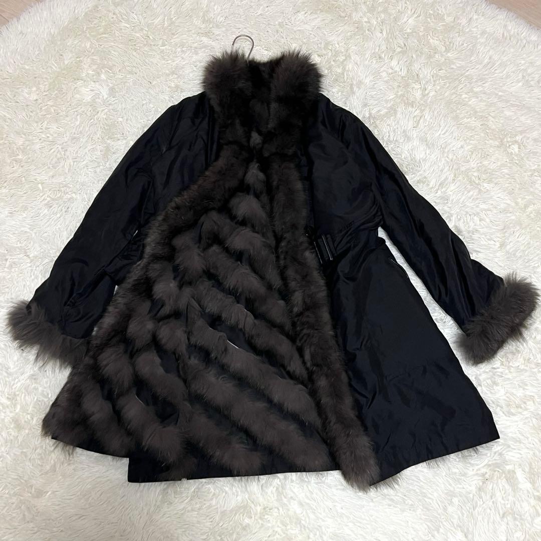 希少♡高級 シルク100 リバーシブル ブルーフォックス 毛皮コート ベルト 黒