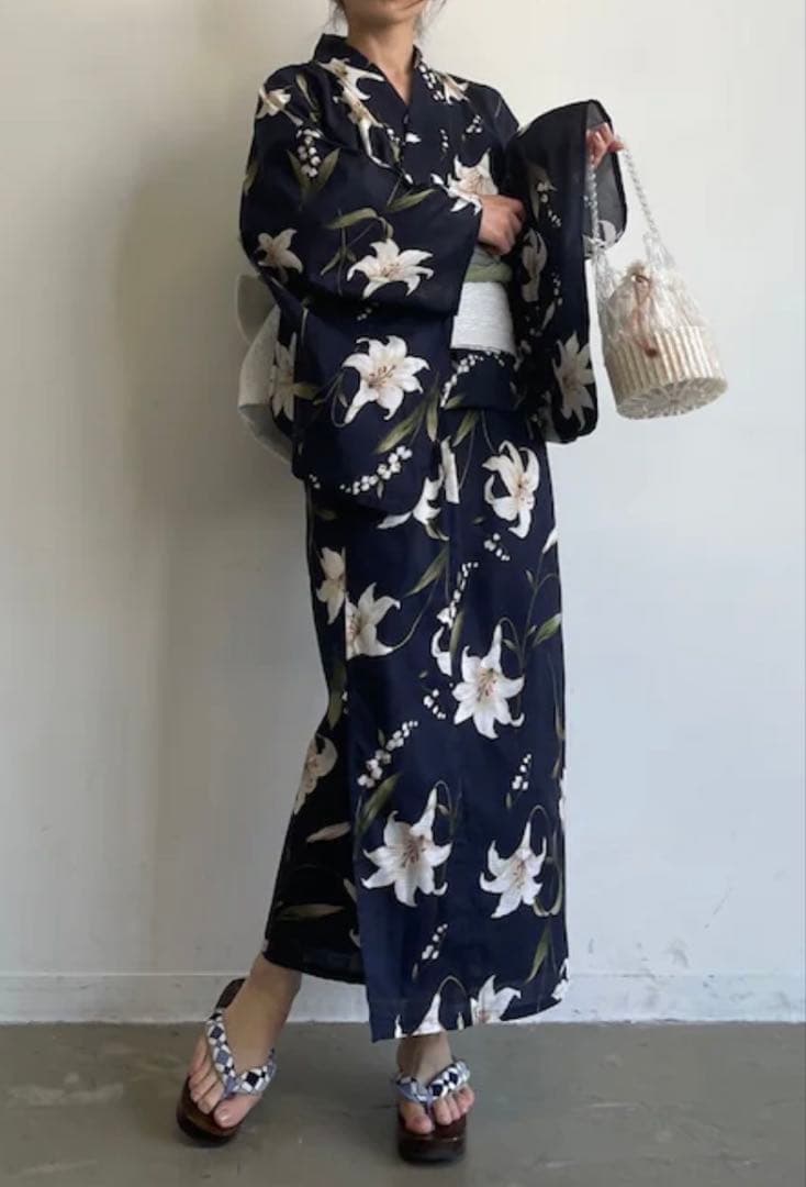 花柄　百合　すずらん　ネイビー浴衣　帯　草履　セット