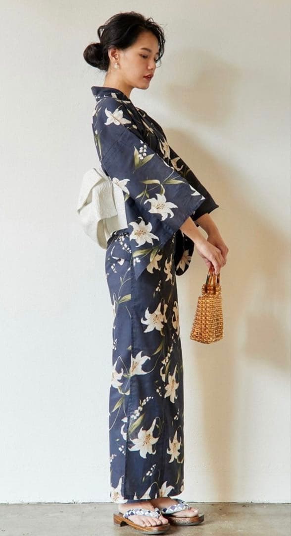 花柄　百合　すずらん　ネイビー浴衣　帯　草履　セット