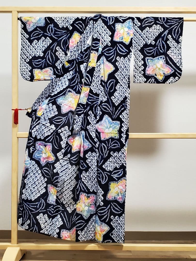 A9 有松鳴海絞り 桔梗の花模様 藍染 パステル 綿 浴衣 着物 05