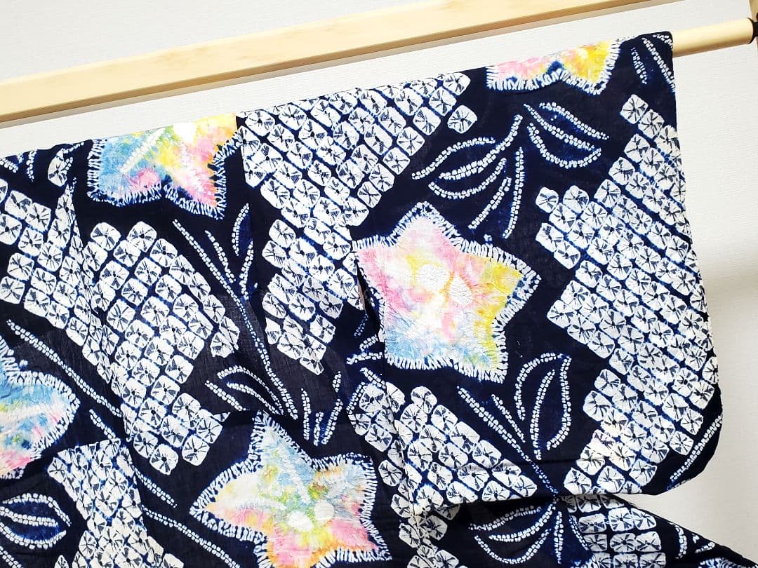 A9 有松鳴海絞り 桔梗の花模様 藍染 パステル 綿 浴衣 着物 05