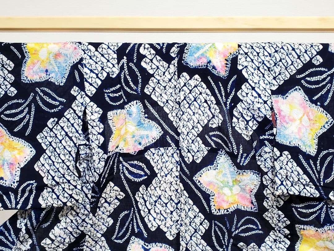 A9 有松鳴海絞り 桔梗の花模様 藍染 パステル 綿 浴衣 着物 05