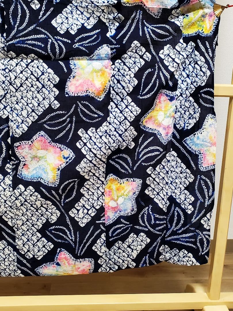 A9 有松鳴海絞り 桔梗の花模様 藍染 パステル 綿 浴衣 着物 05