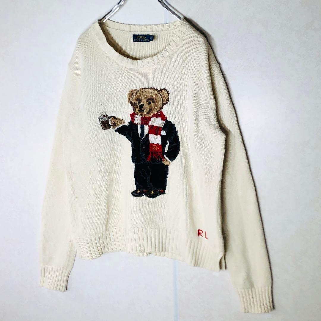 【超大人気】ラルフローレン ポロベア デカロゴ ニット セーター 白 Mサイズ