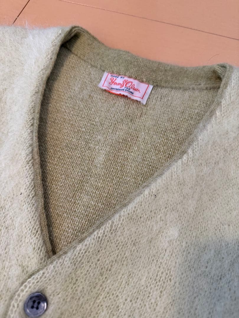 young & olsen ライムグリーン モヘアカ－ディガン