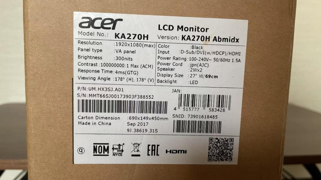 Acer モニター 27インチ KA270H フルHD VA