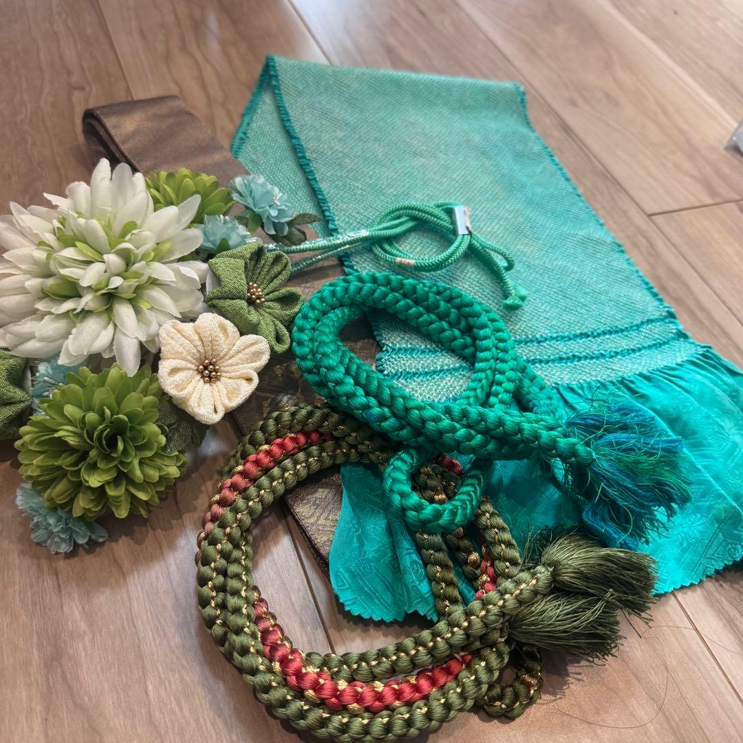 超美品　振袖　帯揚　帯締　髪飾　半衿　6点セット　着物小物　ターコイズブルー