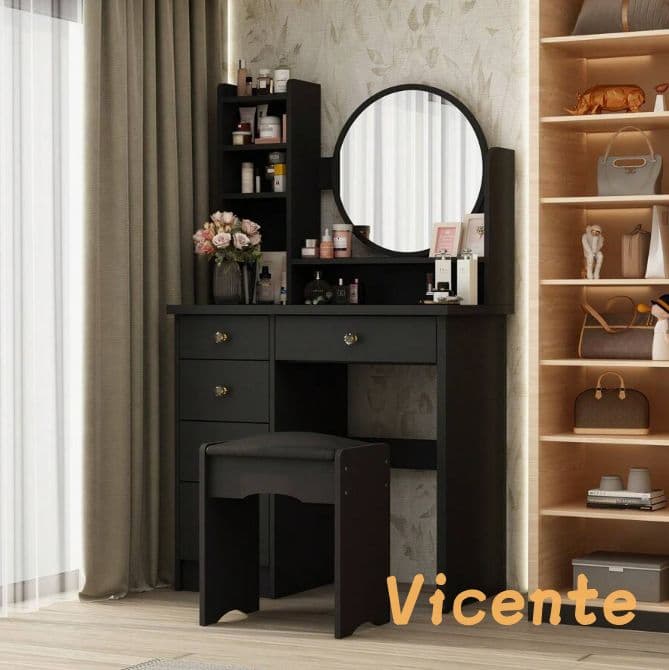 北欧風ドレッサー 円形女優ミラー 引き出し 5 杯 スツール付き 寝室化粧台