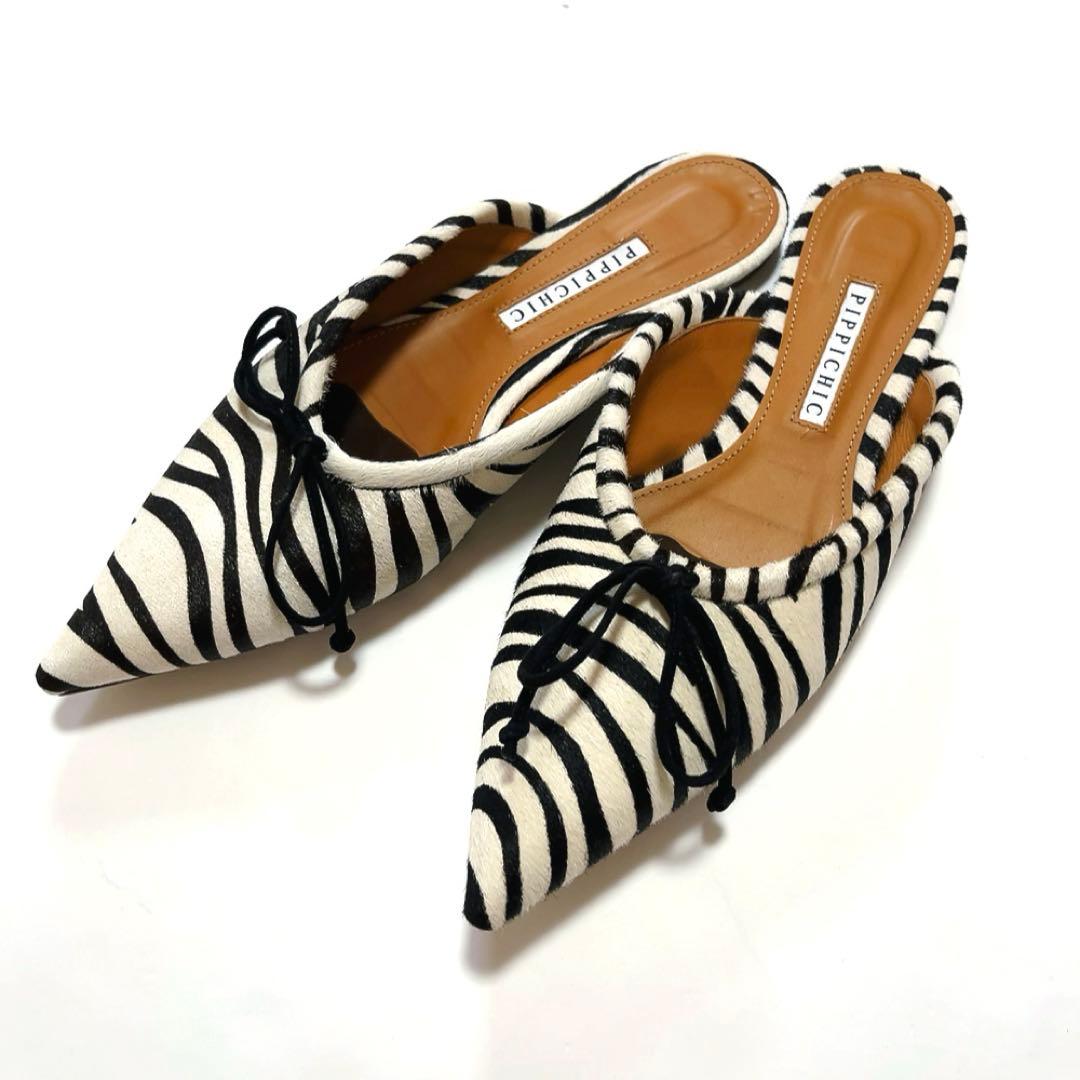PIPPICHIC Remy リボンミュール スリッパ ゼブラハラコ サイズ38