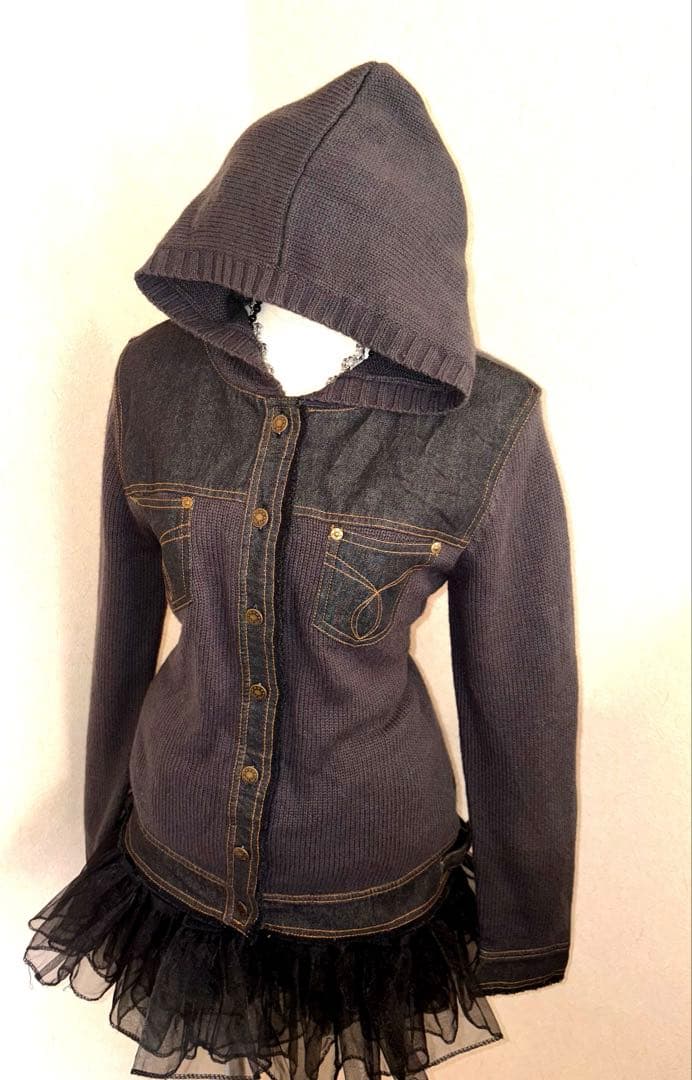 レア⭐︎平成ギャルarchiveニットデニムドッキングパーカー　フルボタンy2k