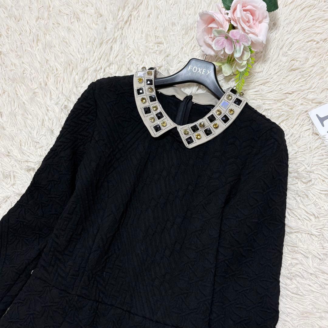 美品✨Max&Co 2wayビジュー襟ジャガードワンピース　Aライン　黒　M