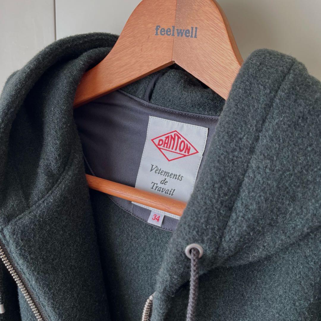 ダントンDANTONウールライトパイルフード付ジップアップジャケット34グリーン