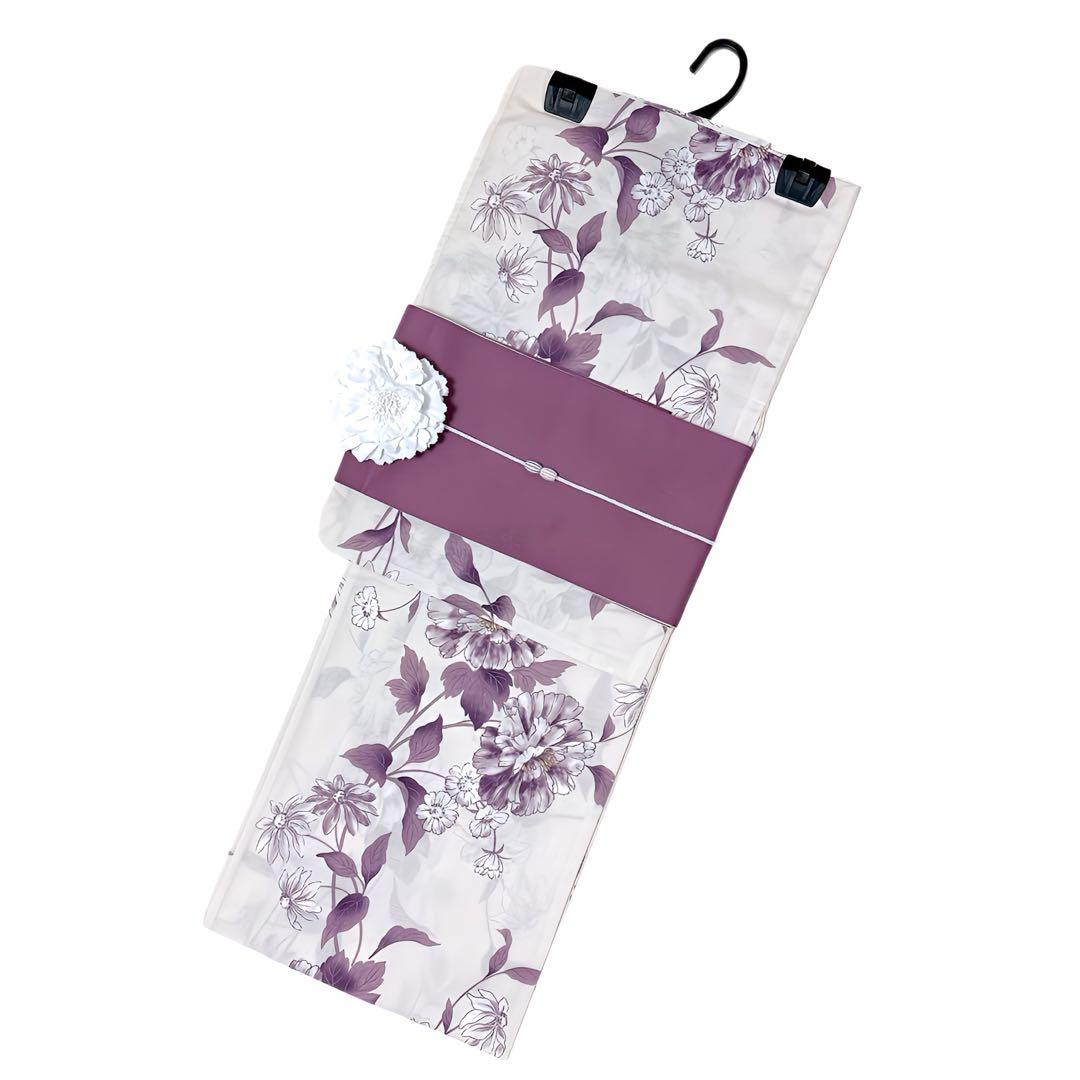 下駄なし　新作 浴衣ジェンヌ 浴衣5点セット アイボリー パープル 半幅帯