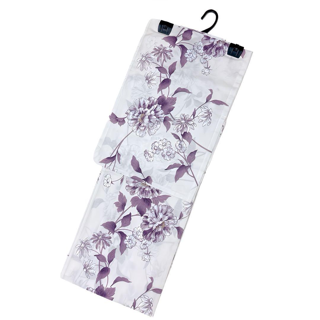 下駄なし　新作 浴衣ジェンヌ 浴衣5点セット アイボリー パープル 半幅帯