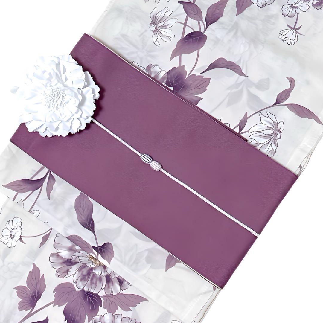 下駄なし　新作 浴衣ジェンヌ 浴衣5点セット アイボリー パープル 半幅帯