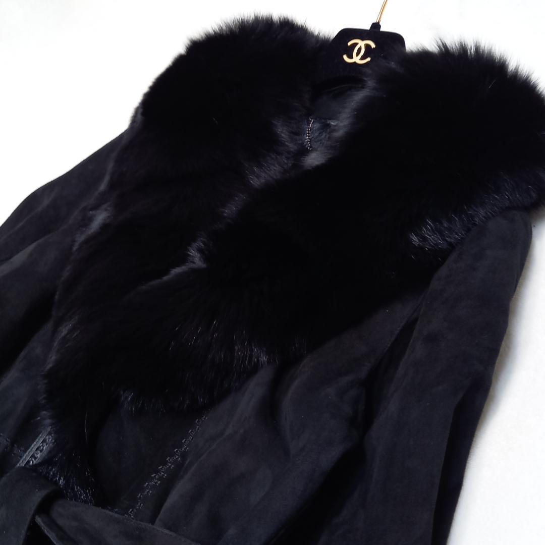 豪華✨リアルレザー＆リアルファー ベルテッドコート ゴートレザー ブラック